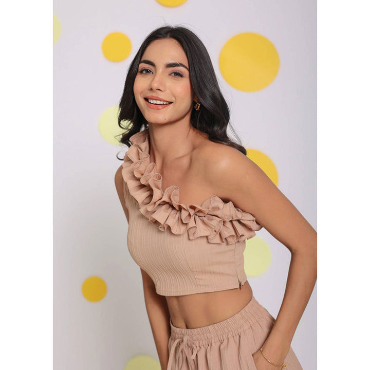 Kaori By Shreya Beige One Shoulder Off Party Crop Top