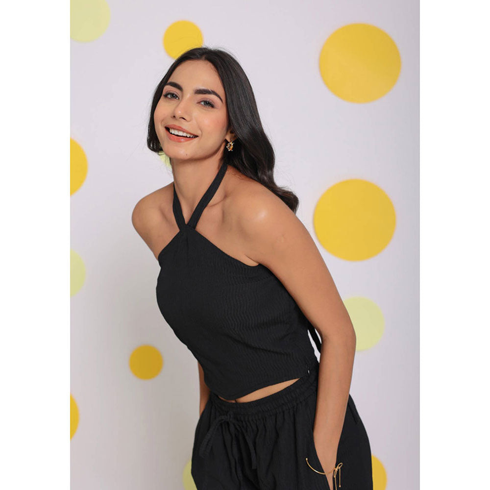 Kaori By Shreya Black Summer Halter Neck Party Crop Top