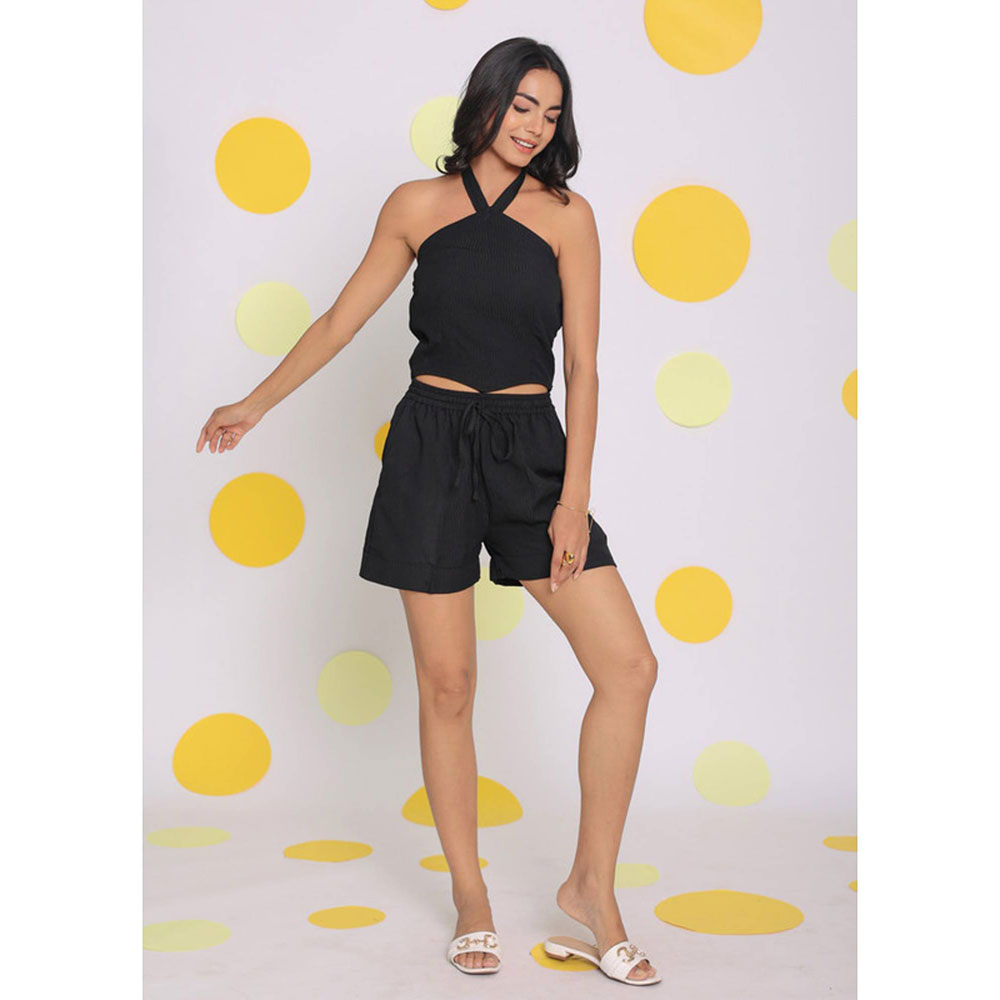 Kaori By Shreya Black Summer Halter Neck Party Crop Top