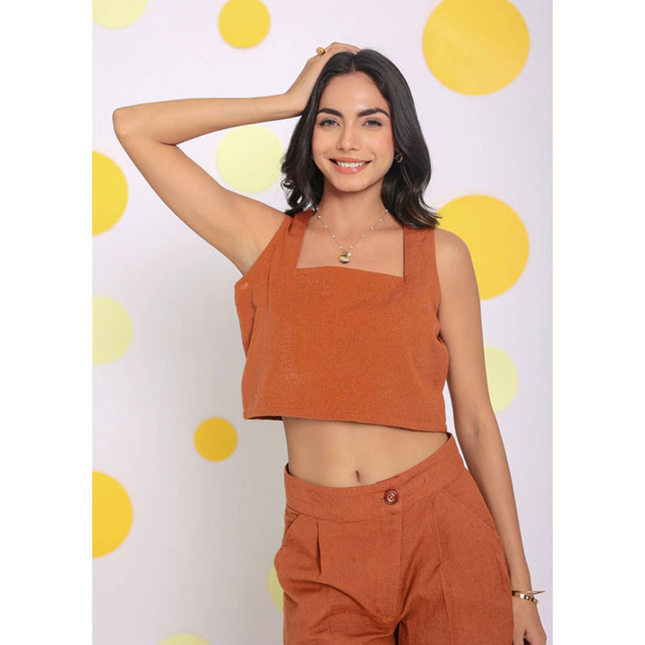 Kaori By Shreya Solid Orange Relax Casual Crop Linen Top