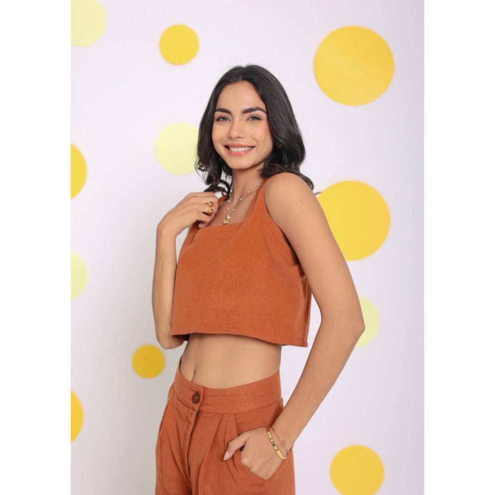 Kaori By Shreya Solid Orange Relax Casual Crop Linen Top