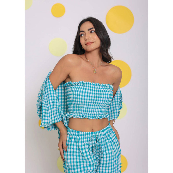 Kaori By Shreya White and Aqua Blue Fitted Tube Crop Top