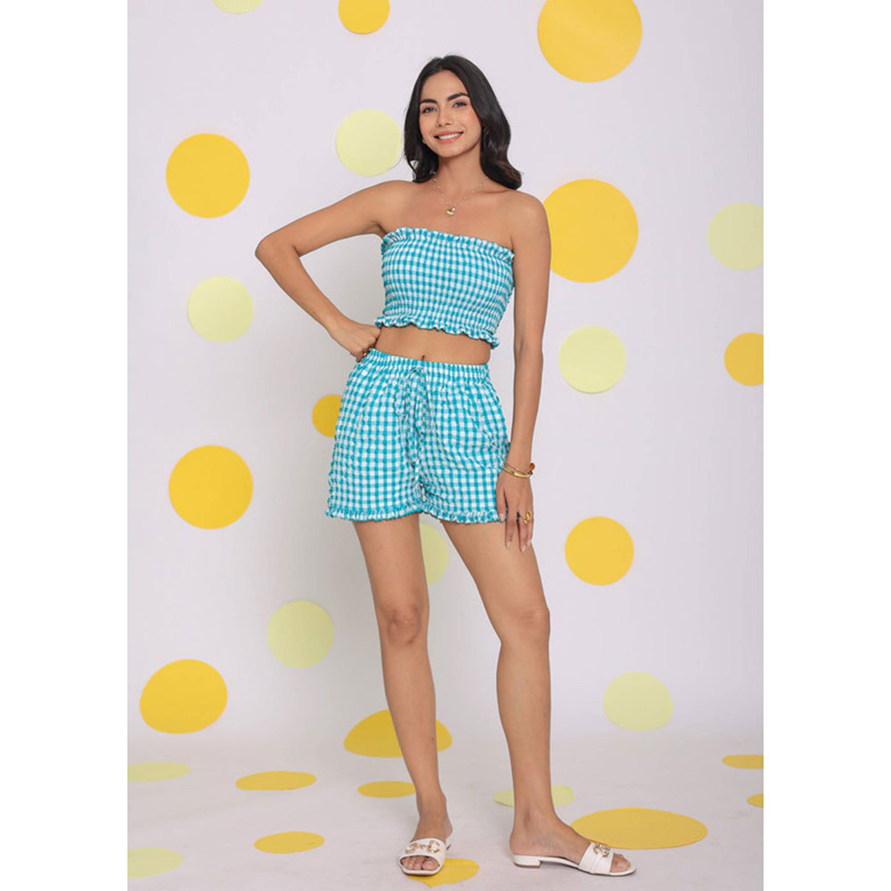 Kaori By Shreya White and Aqua Blue Fitted Tube Crop Top