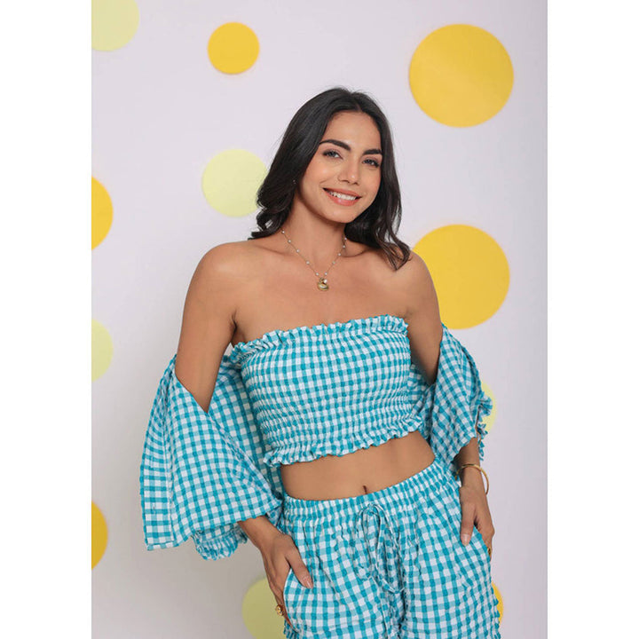 Kaori By Shreya White and Aqua Blue Fitted Tube Crop Top