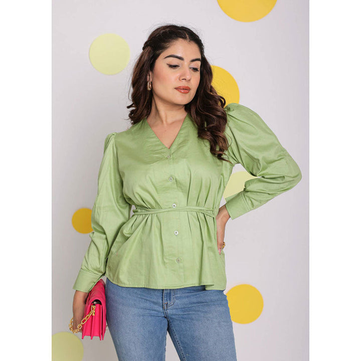 Kaori By Shreya Mint Green V-Neck Full Sleeve Cotton Top