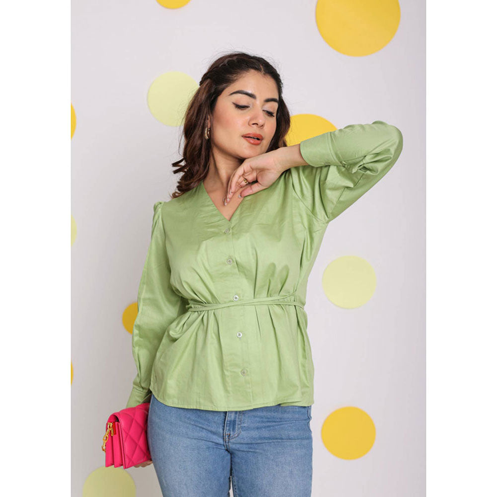 Kaori By Shreya Mint Green V-Neck Full Sleeve Cotton Top