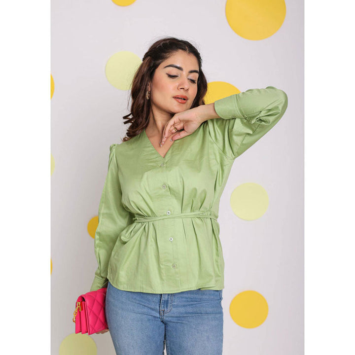 Kaori By Shreya Mint Green V-Neck Full Sleeve Cotton Top