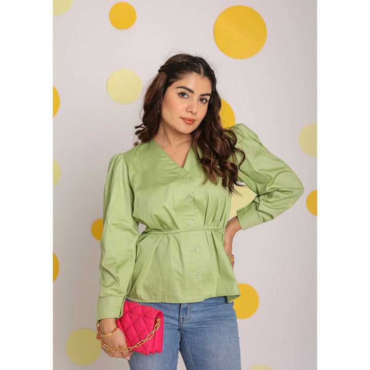 Kaori By Shreya Mint Green V-Neck Full Sleeve Cotton Top