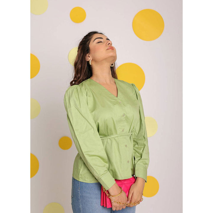 Kaori By Shreya Mint Green V-Neck Full Sleeve Cotton Top