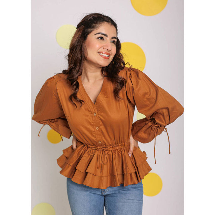 Kaori By Shreya Brown Frill Sleeves Peplum Cotton Top