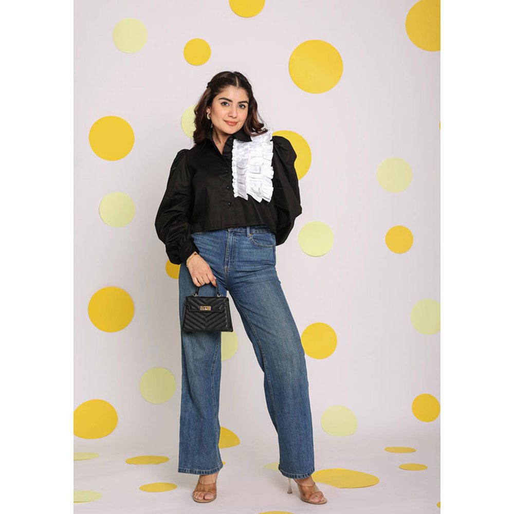 Kaori By Shreya Solid Black White Frills Cotton Shirt