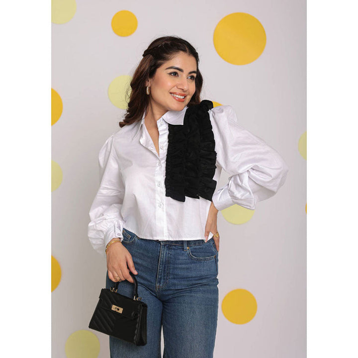 Kaori By Shreya Solid White Black Frills Cotton Shirt