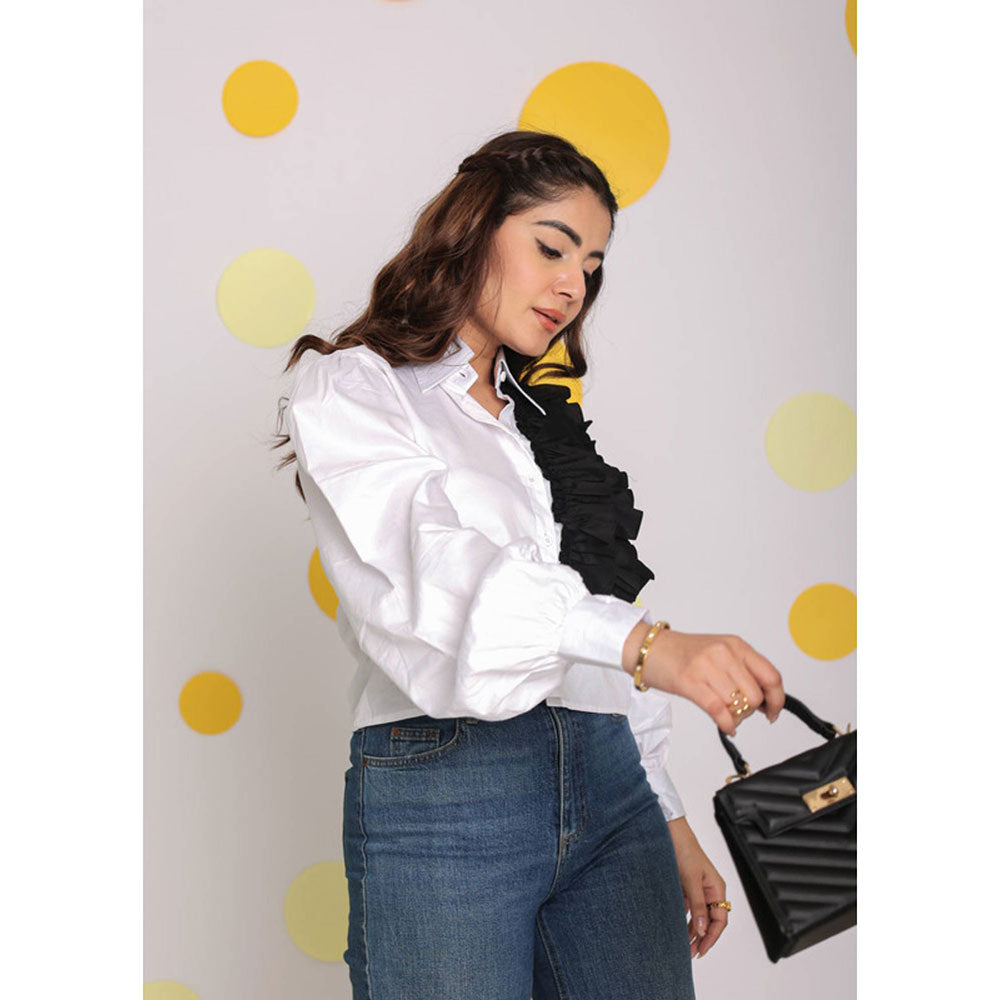 Kaori By Shreya Solid White Black Frills Cotton Shirt