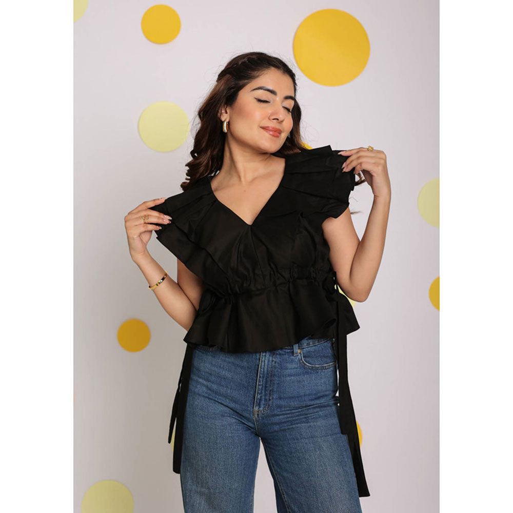 Kaori By Shreya Solid Black Frilled Cotton Tunic Top