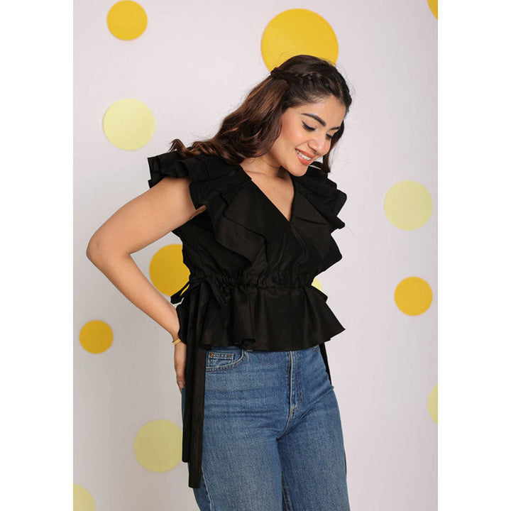 Kaori By Shreya Solid Black Frilled Cotton Tunic Top