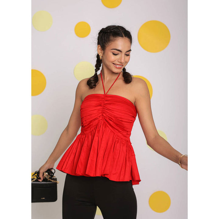 Kaori By Shreya Solid Red Halter Neck Cotton Peplum Top