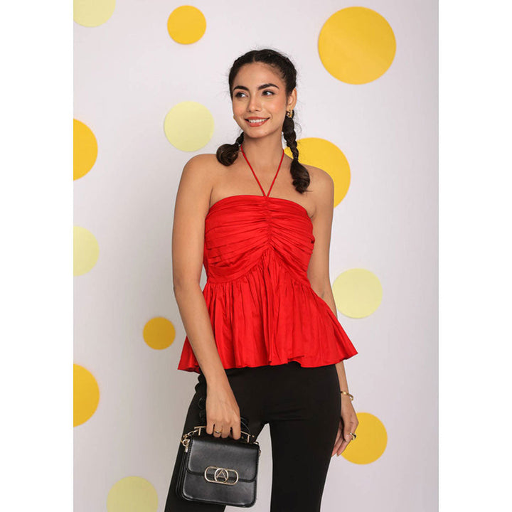 Kaori By Shreya Solid Red Halter Neck Cotton Peplum Top