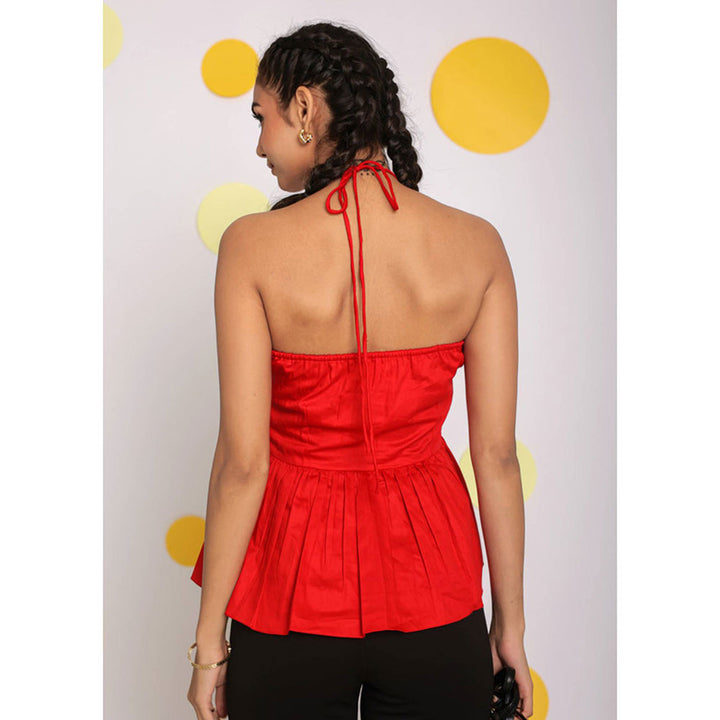 Kaori By Shreya Solid Red Halter Neck Cotton Peplum Top