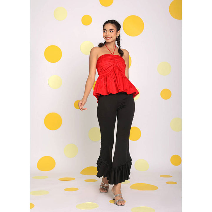 Kaori By Shreya Solid Red Halter Neck Cotton Peplum Top