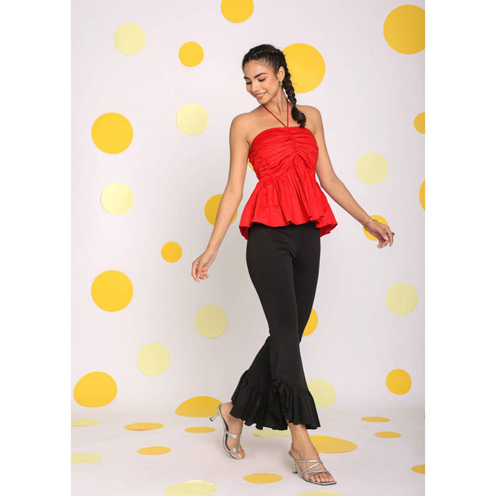 Kaori By Shreya Solid Red Halter Neck Cotton Peplum Top