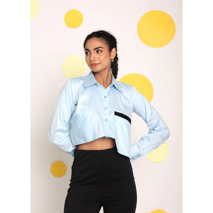 Kaori By Shreya Solid Ice Blue Button Cotton Crop Shirt