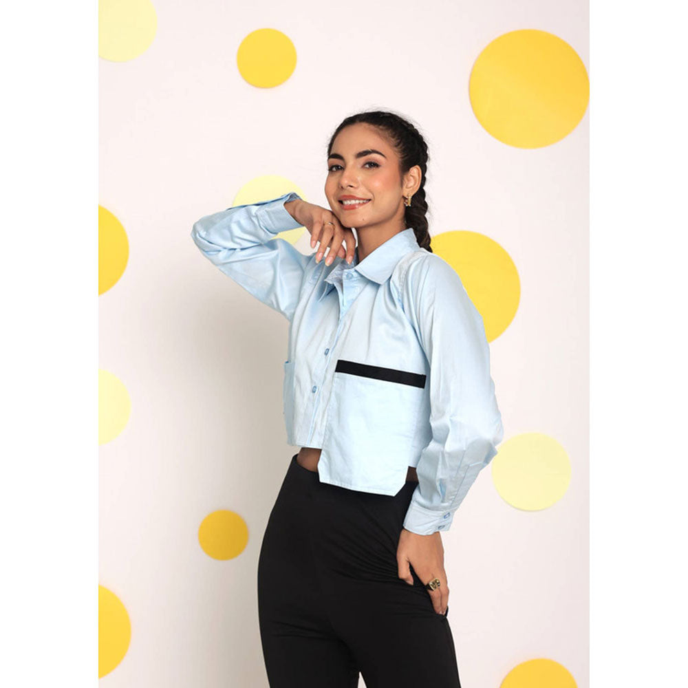 Kaori By Shreya Solid Ice Blue Button Cotton Crop Shirt