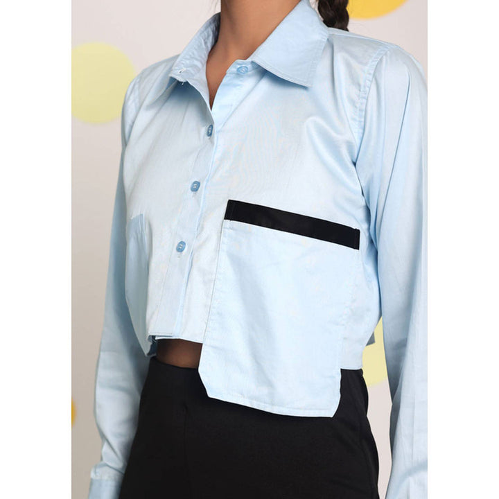 Kaori By Shreya Solid Ice Blue Button Cotton Crop Shirt