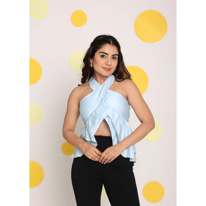 Kaori By Shreya Solid Ice Blue Halter Neck Cotton Top