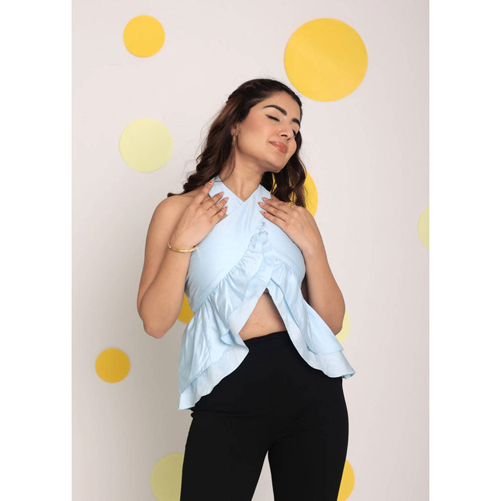 Kaori By Shreya Solid Ice Blue Halter Neck Cotton Top