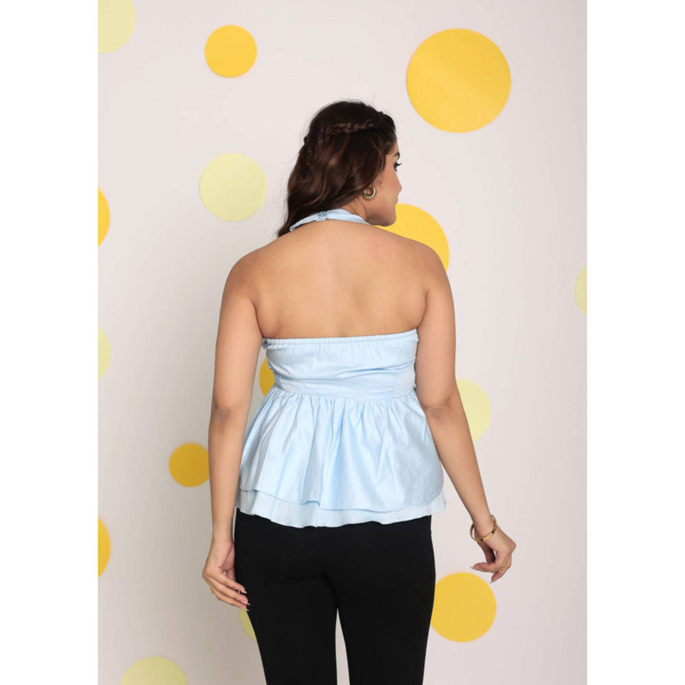 Kaori By Shreya Solid Ice Blue Halter Neck Cotton Top