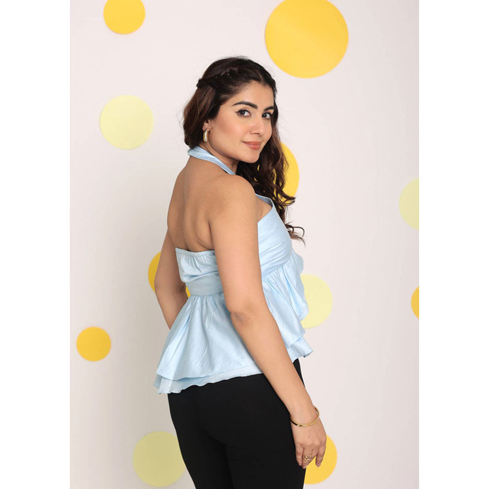 Kaori By Shreya Solid Ice Blue Halter Neck Cotton Top