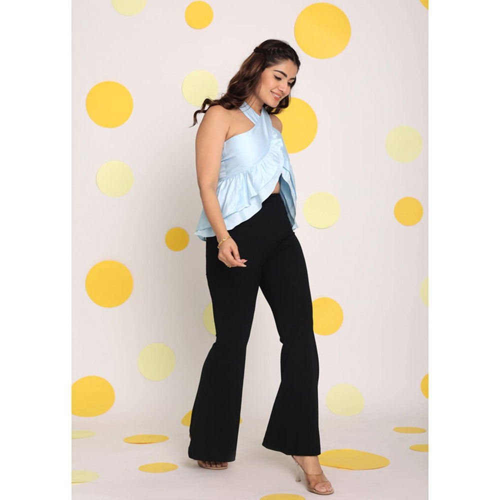 Kaori By Shreya Solid Ice Blue Halter Neck Cotton Top