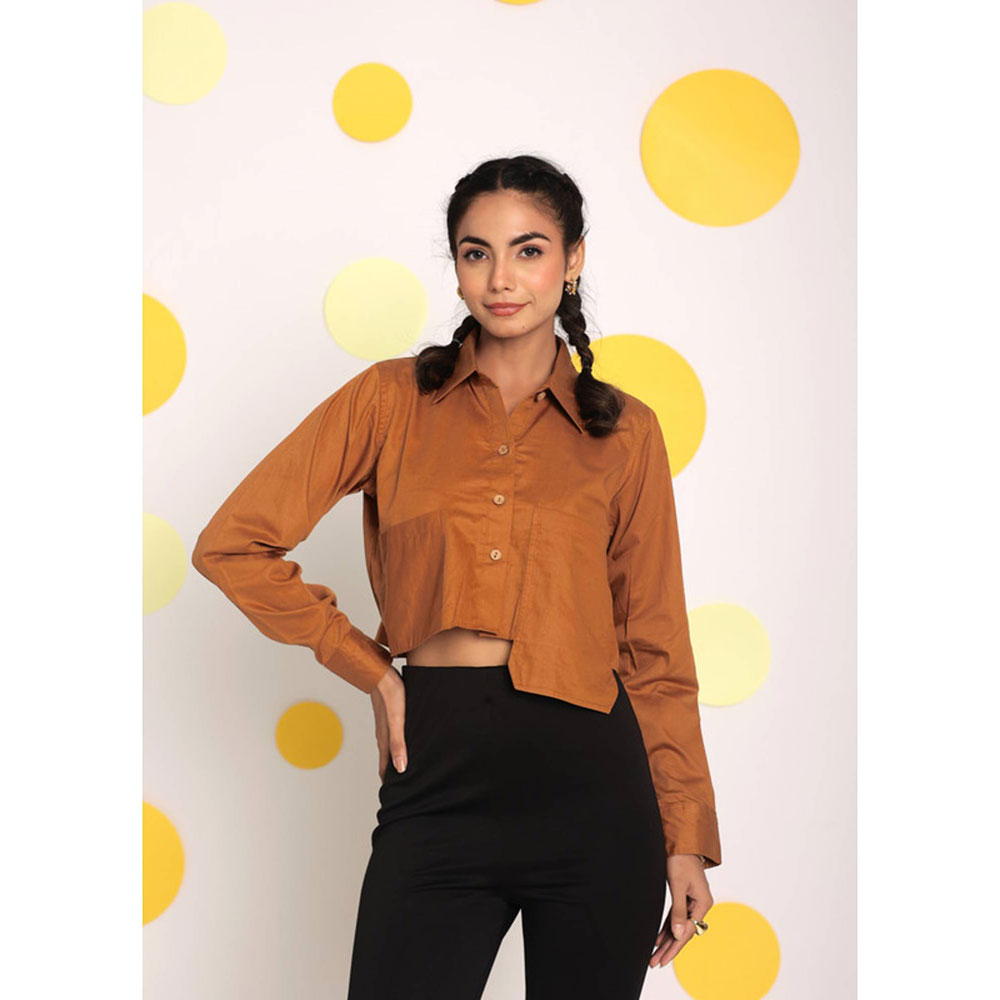 Kaori By Shreya Solid Brown Long Pocket Cotton Shirt