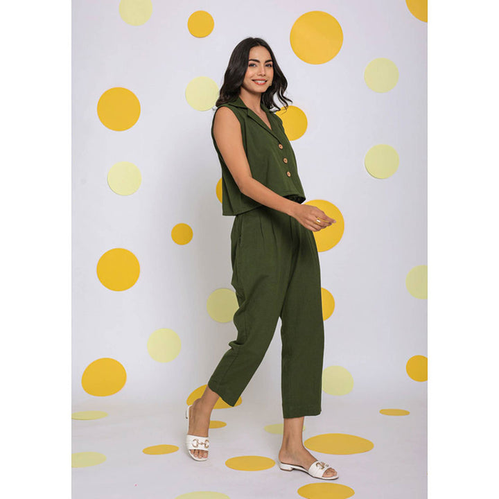 Kaori By Shreya Green Waist Coat Pants Cotton (Set of 2)