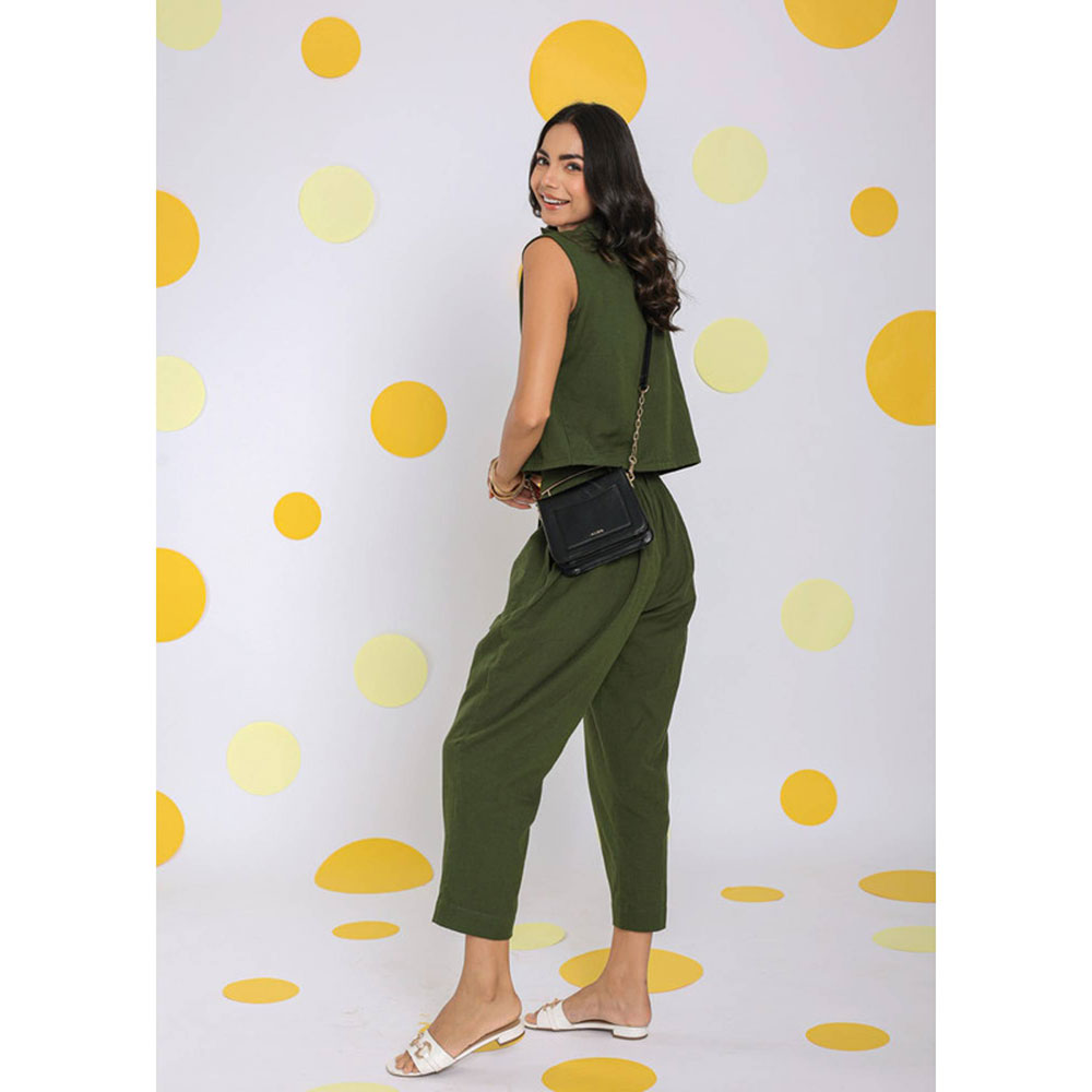 Kaori By Shreya Green Waist Coat Pants Cotton (Set of 2)