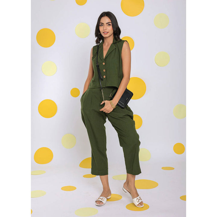 Kaori By Shreya Green Waist Coat Pants Cotton (Set of 2)