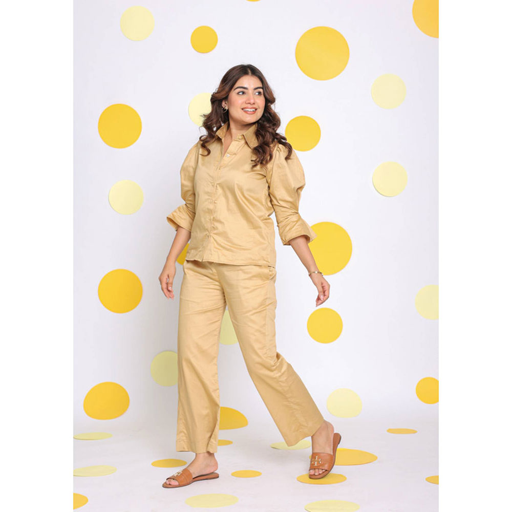 Kaori By Shreya Beige Shirt Pants Cotton (Set of 2)