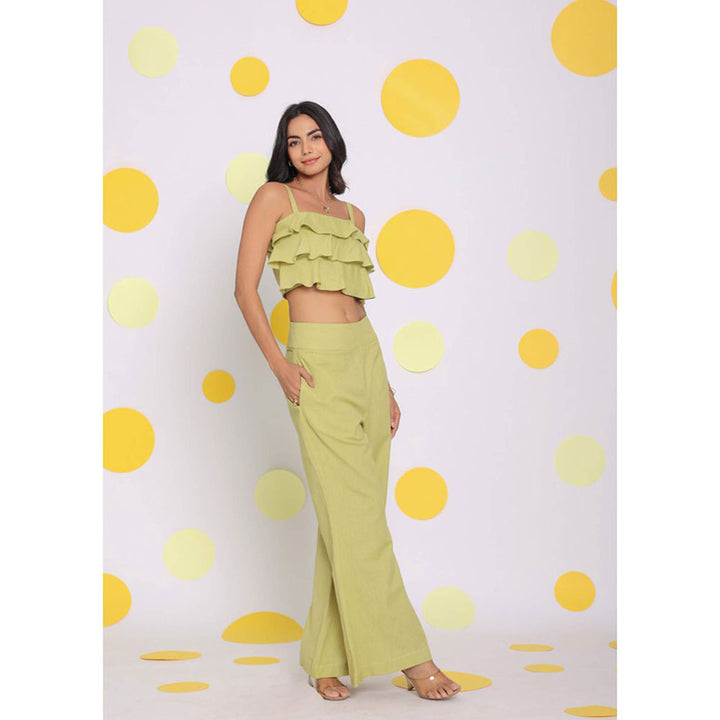 Kaori By Shreya Green Crop Top Pants Linen (Set of 2)