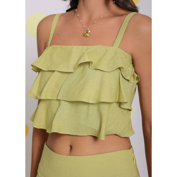 Kaori By Shreya Green Crop Top Pants Linen (Set of 2)