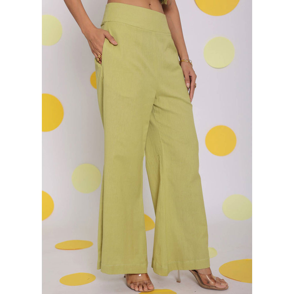 Kaori By Shreya Green Crop Top Pants Linen (Set of 2)