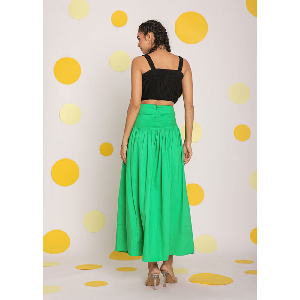 Kaori By Shreya Black Crop Top Green Skirt Cotton (Set of 2)