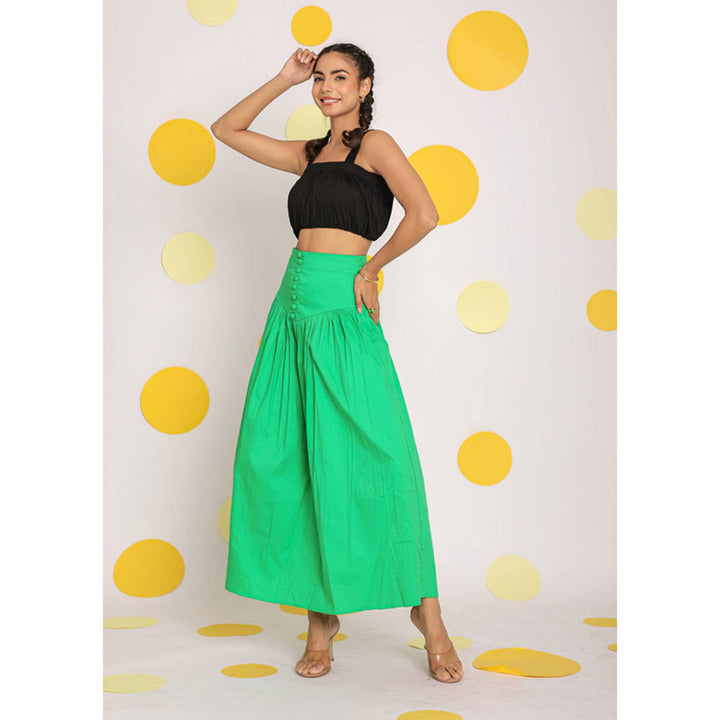 Kaori By Shreya Black Crop Top Green Skirt Cotton (Set of 2)