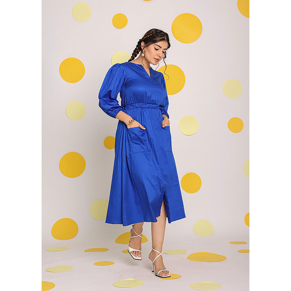 Kaori By Shreya Women Blue Relaxed Solid Cotton Midi Dress