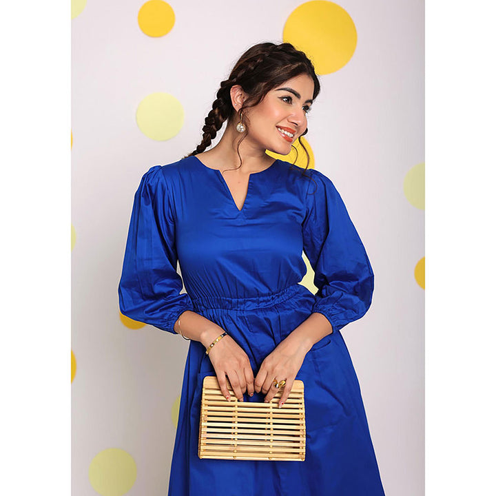 Kaori By Shreya Women Blue Relaxed Solid Cotton Midi Dress