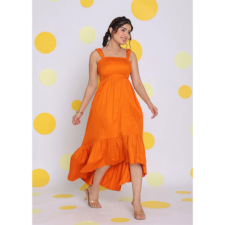 Kaori By Shreya Women Orange Relaxed Solid Cotton Midi Dress