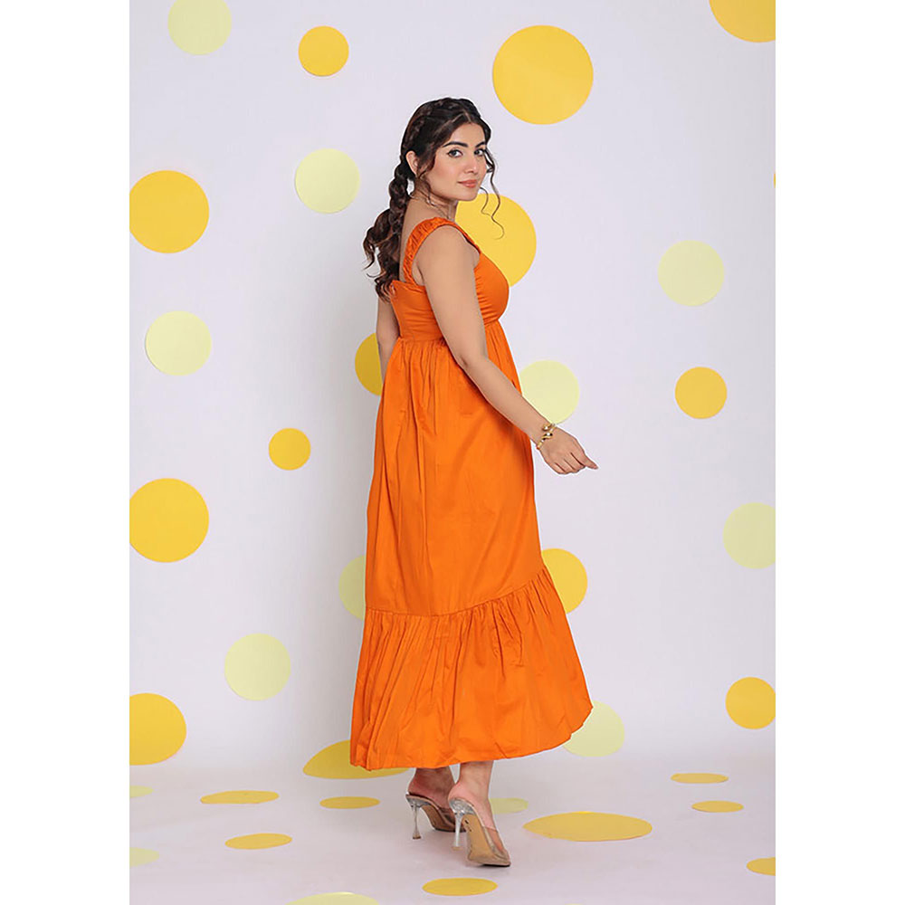 Kaori By Shreya Women Orange Relaxed Solid Cotton Midi Dress