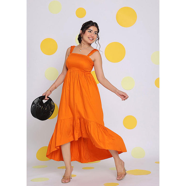 Kaori By Shreya Women Orange Relaxed Solid Cotton Midi Dress