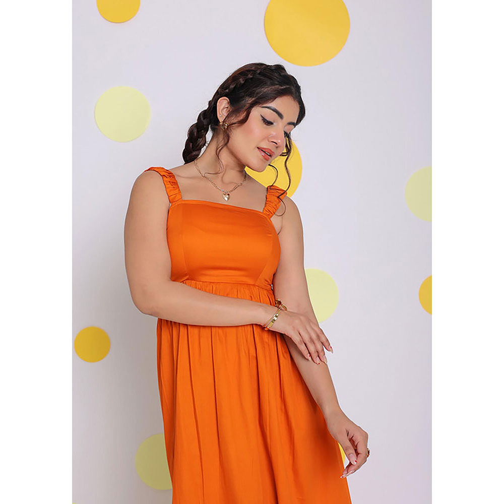 Kaori By Shreya Women Orange Relaxed Solid Cotton Midi Dress