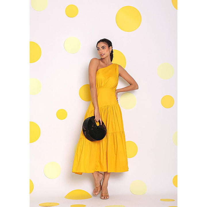 Kaori By Shreya Women Yellow Relaxed Solid Cotton Midi Dress