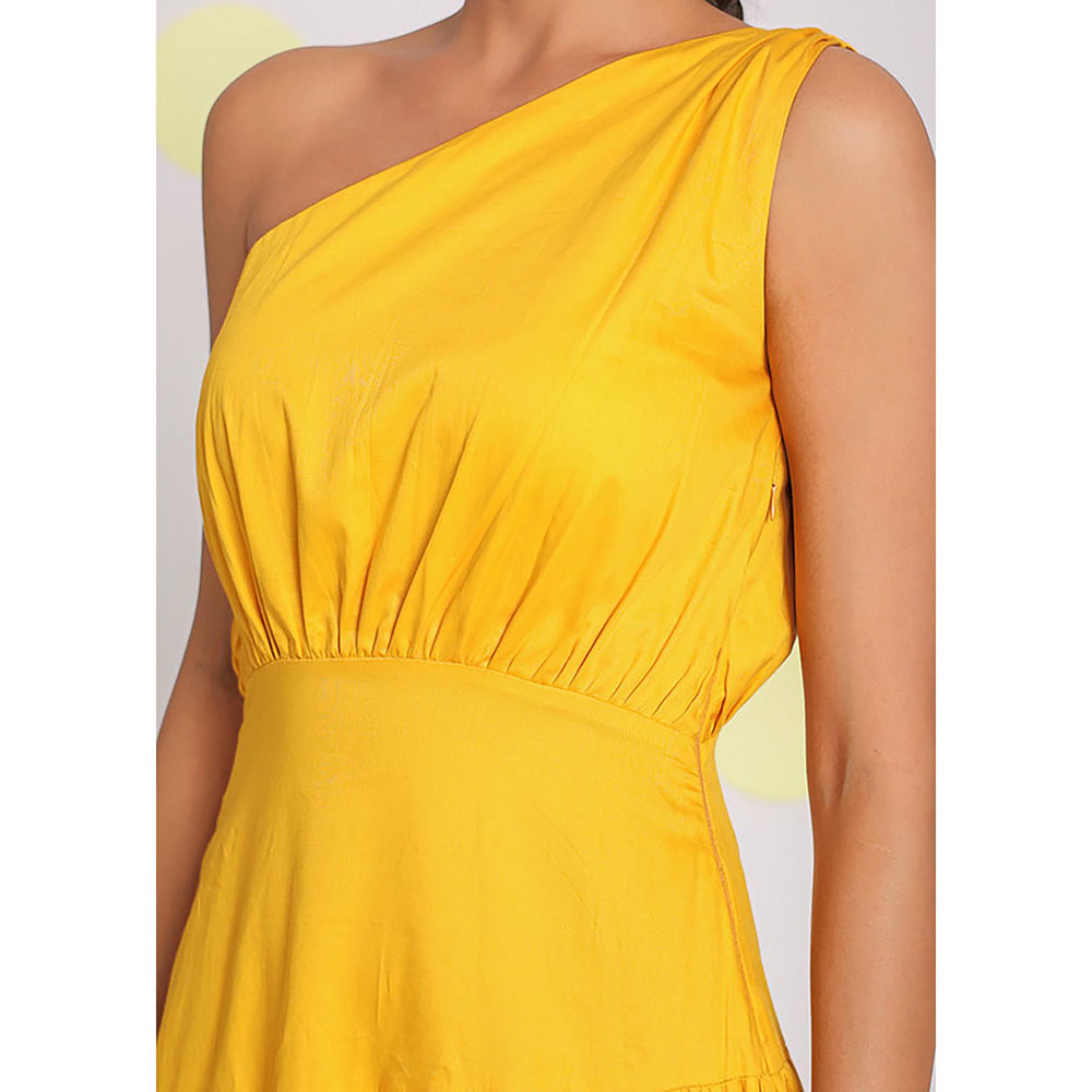 Kaori By Shreya Women Yellow Relaxed Solid Cotton Midi Dress